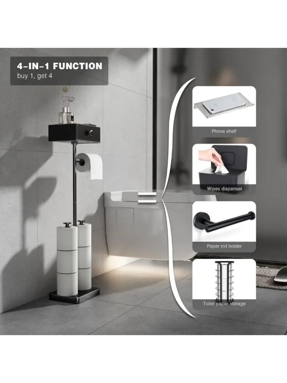 Freestanding Black Toilet Paper Holder with Shelf & Wipes Drawer - Heavy Duty